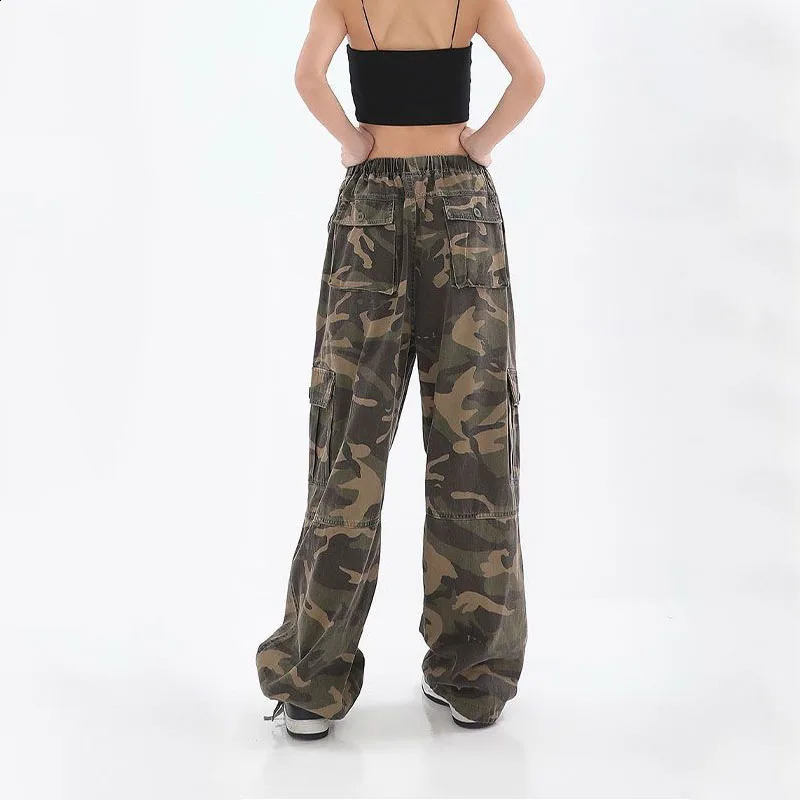 Streetwear Women Oversize Camouflage Cargo Pants Drawstring Elastic Waist Pockets Spring Autumn Vintage Fashion Casual Trousers Z260314
