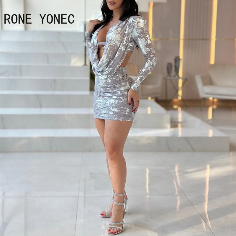 Women Sequins Ink Pattern Deep V Neck Swing Collar Long Sleeves Midriff Mini Sexy Party Dresses 240819