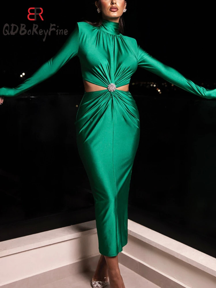 Women Bodycon Dress Elegant Long Sleeve Hollow Out Sexy Party Dress Spring Fall Maxi Fashion Club Evening Dress for Women 240819