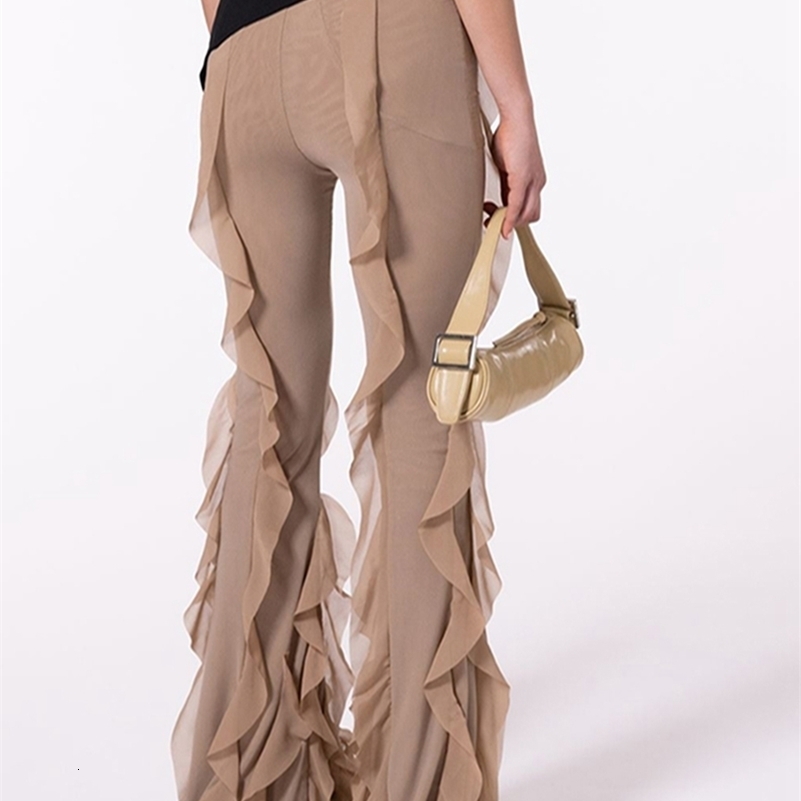 Women s Ruffle Flare Pants y2k Solid Low Rise Stretch Bell Bottom Trousers Rave Club Streetwear 240819