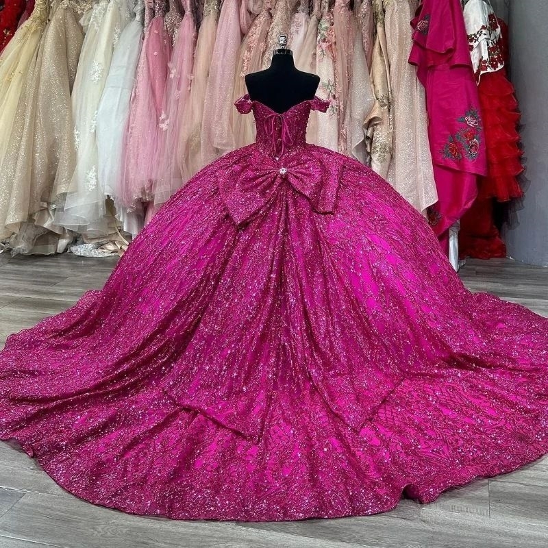 Rose Red Quinceanera Dresses Ball Gown Sequined Off The Shoulder Beaded Crystal Bow Tull Party Birthday Sweet Dress vestidos de 15 anos
