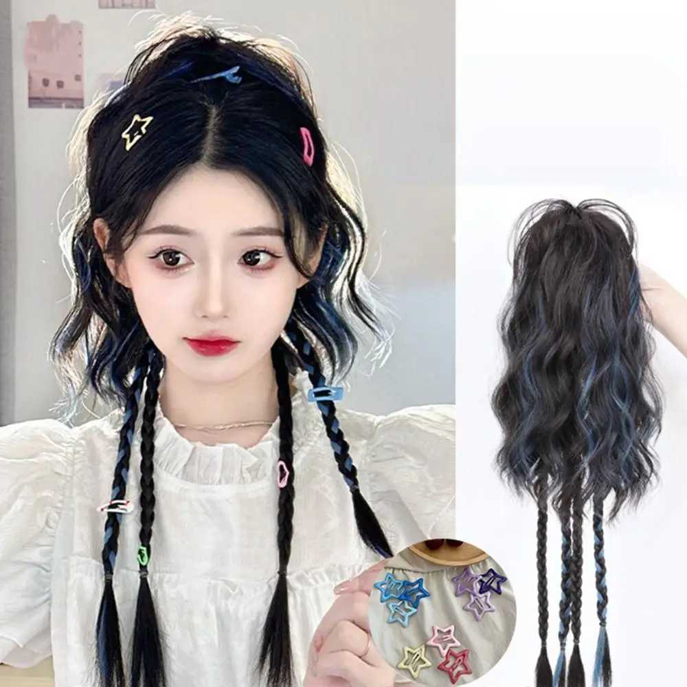 45CM Y2K Womens Ponytail Synthetic Wig Pink Blue High Brightness Ponytail Simulation Hair Half Series Curly Hair Trend Hot Girl W240817