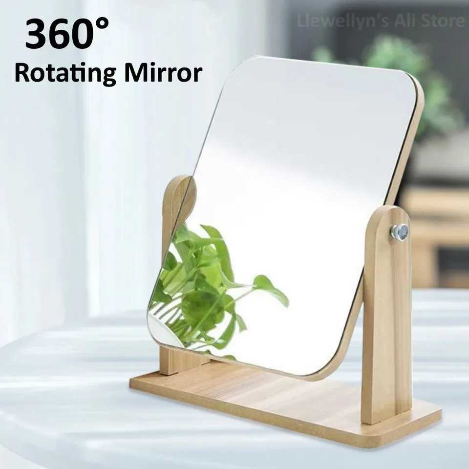 360 Degree Rotating Makeup Mirror Dresser Vanity Mirror With Natural Wood Stand Table Countertop Mirror Bathroom Bedroom Mirror Y240819