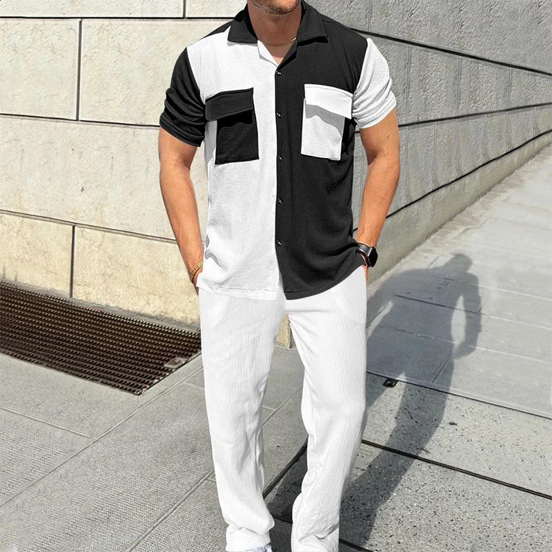 Autumn Men Cardigan Shirt and Trousers 2 Pieces Set Casual Party Lapel Button Short Sleeve Suit Solid Color Fall Streetwear i240819