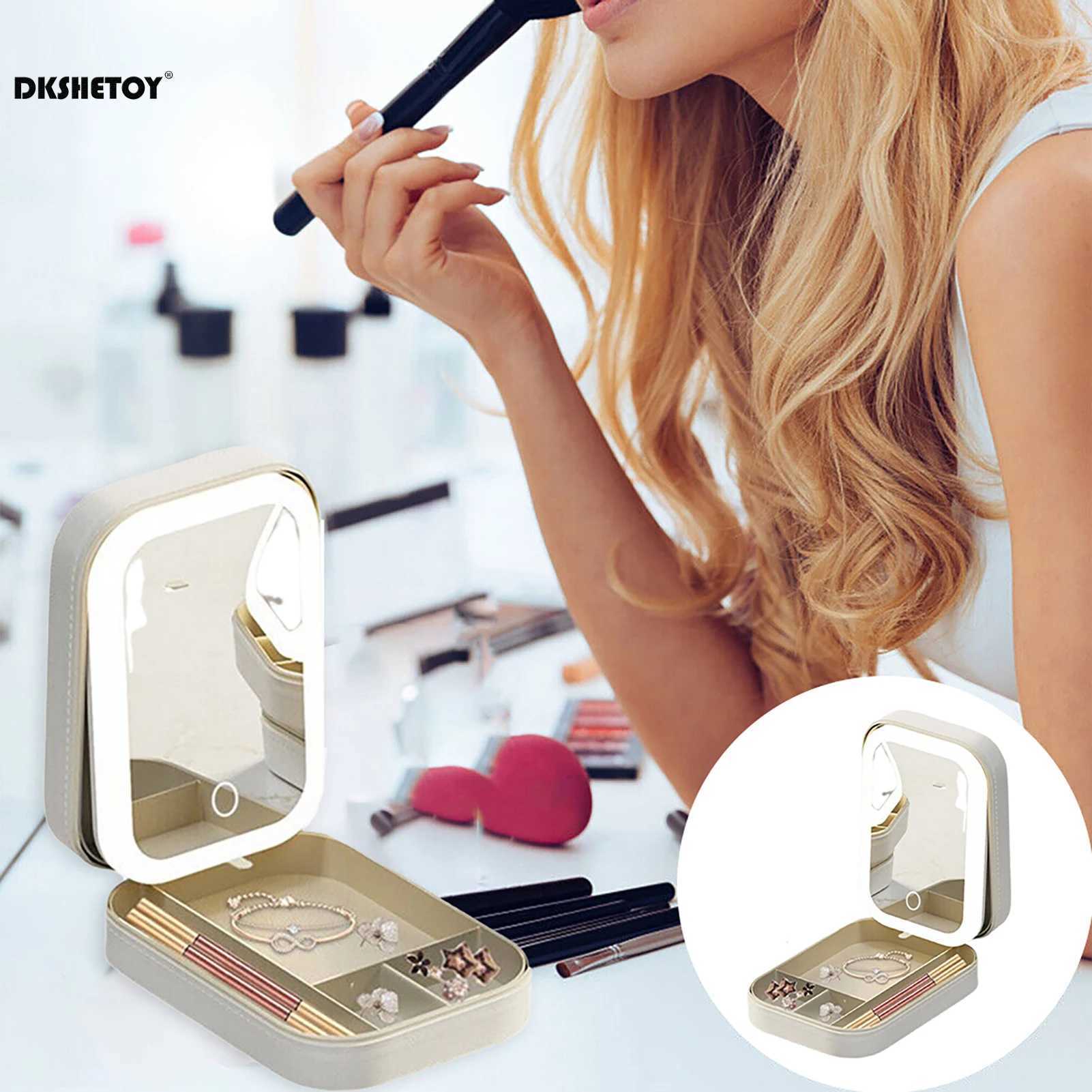 Makeup Mirror With Light usb charging Cosmetic Bag LED Mirror Travel Makeup Storage Bag case Travel make up Organizer Y240819