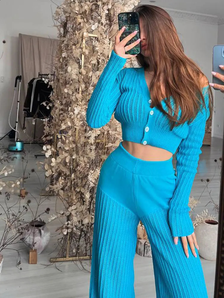 Sexy Hollow out Knitted Pants Sets Womens Long Sleeve Single breasted Short Knitted Sweater Cardigan Flare Pants Two Piece Set 240819