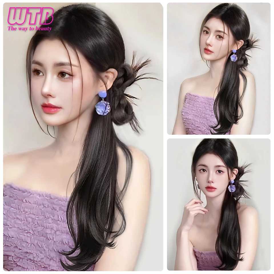 Synthetic wig side ponytail claw clip ponytail natural simulated hair for women slightly curled fake braid suitable for daily wear W240817