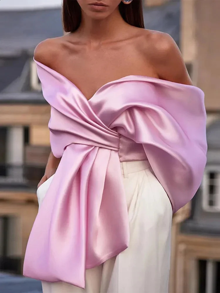 Elegant satin womens top sexy backless pleated bow lace streetwear womens shirt 2024 spring/summer party shoulder top 240820