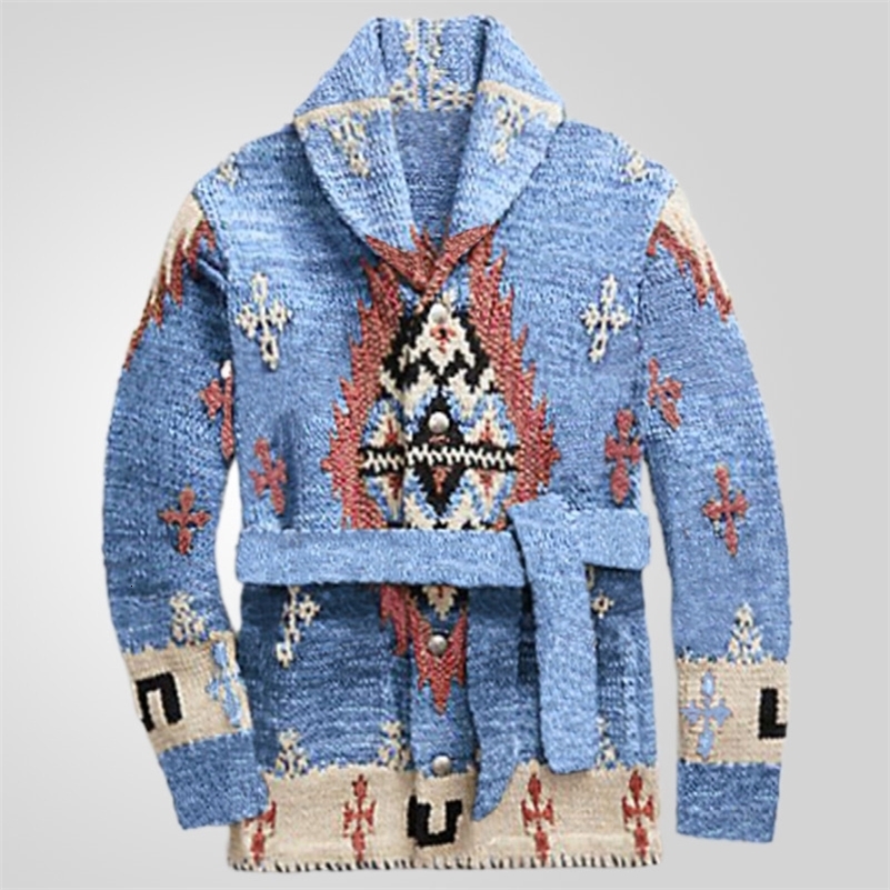 Retro Jacquard Males Sweater Autumn Winter Thick Mid-length Knitted Jacket with Belt Mens Cardigan Embroidered Coat Streetwear 240819