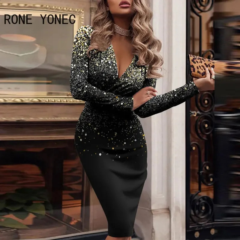 Women Chic Elegant All Over Print Long Sleeves Halter V Neck Bodycon Midi Working Formal Party Dresses 240819