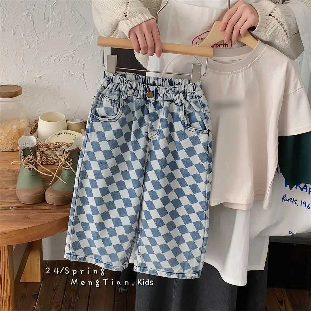 Baby Girls Jeans Kids Grid Elastic Waist Jeans Fashion Jean Trouser 2024 Spring/Summer Childrens Clothing Korean StyleW240819