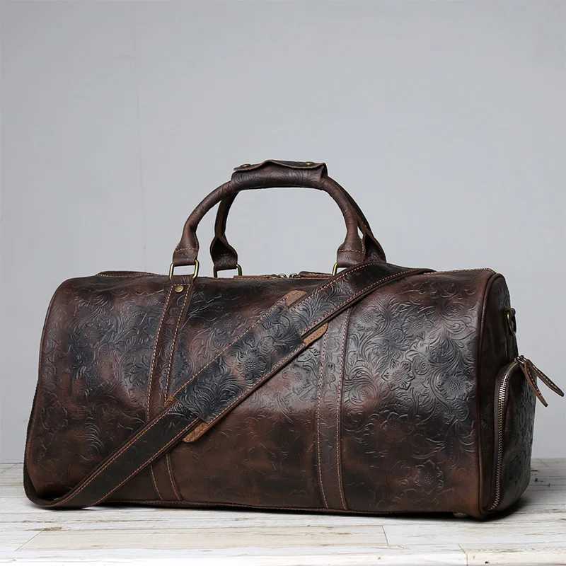 Vintage Embossed Tote High-Capacity Leather For A Short Trip Baotou Leather Belt Shoe Compartment Clothes Duffel Bag Gym Bag CL240820