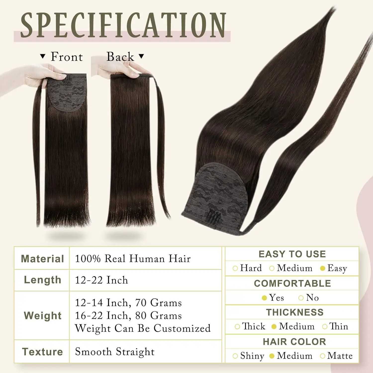 Full gloss ponytail human hair straight packaging ponytail clip Balayage colored ponytail extension 80g claw free clip W240817