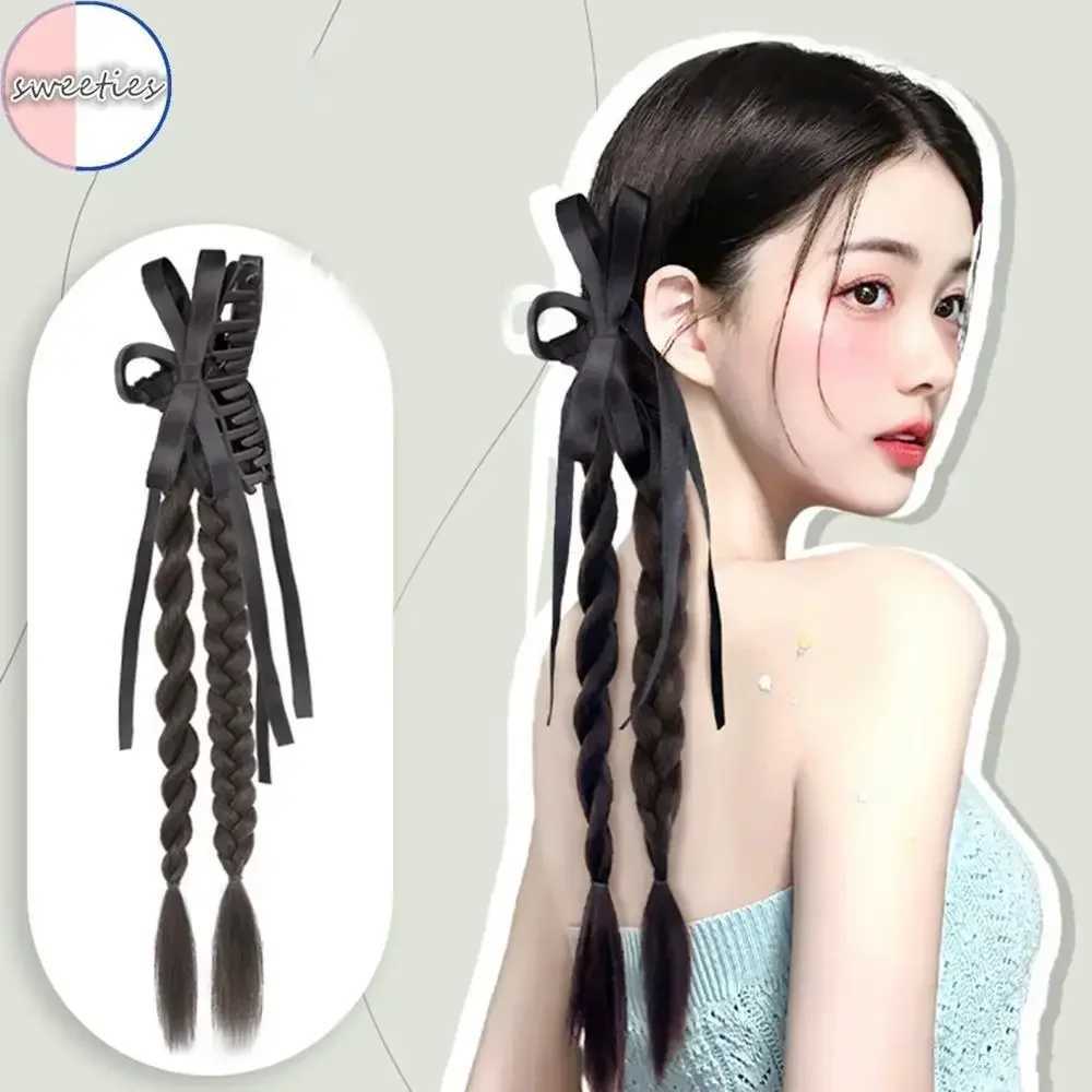 Chinese style synthetic fiber ribbon bow twisted brain ponytail clip in female simulated boxing brain ponytail extension W240817