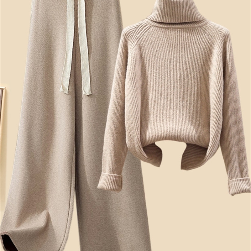 Autumn Winter Warm Knitwear Sets For Women Outfits Ladies Elegant Turtleneck Sweaterlong Cardigan Jacketwide Leg Pant Set 240819
