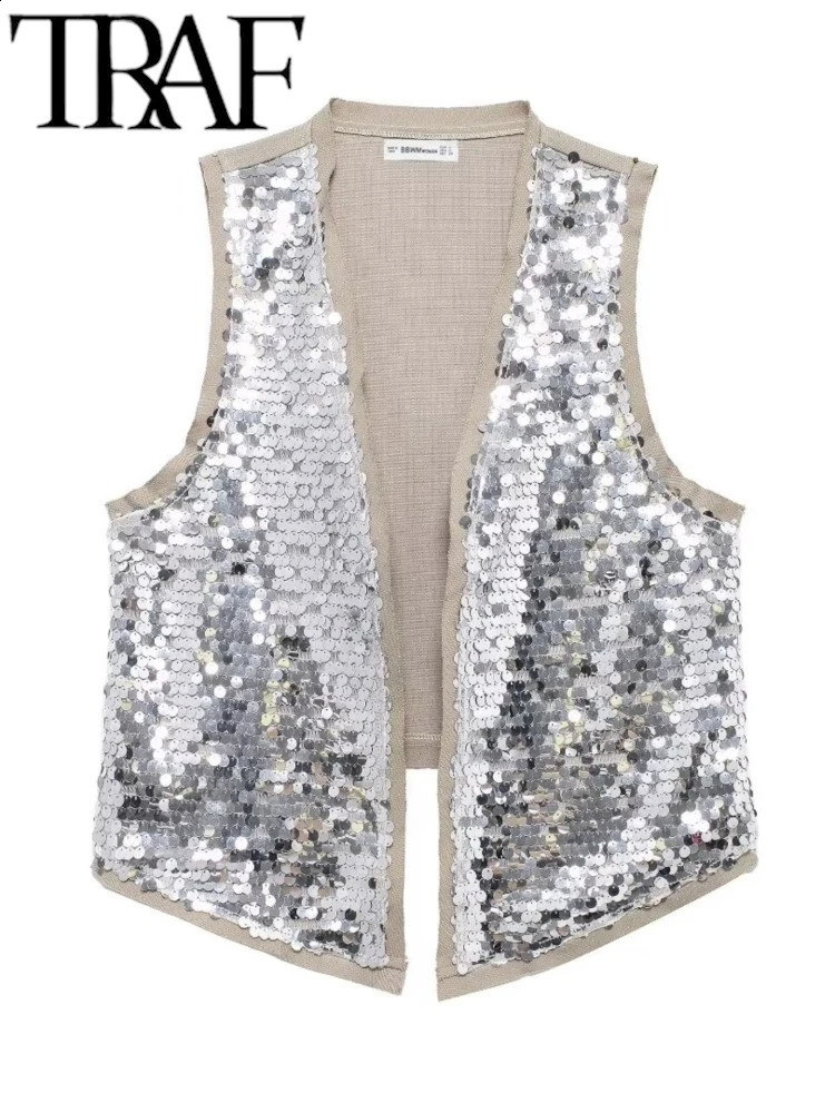 TRAF Sparkling Silver sequin Patch Work Womens Tank Top Summer Vneck Sleeveless Open Front Crop Irregular Y2K 240819