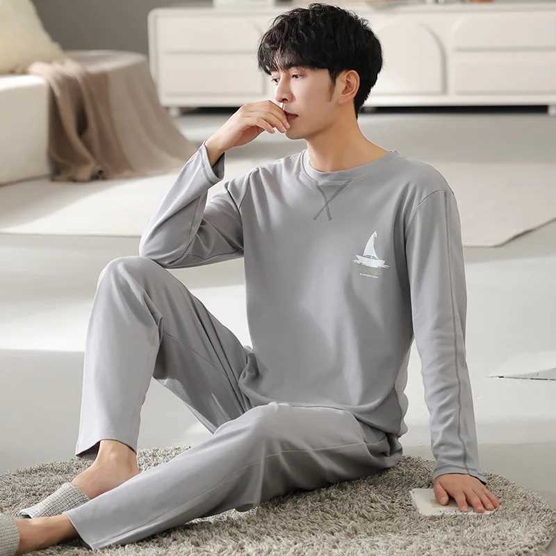 Mens sleepwear 100% pure cotton plus size winter sleepwear long sleeved sports sleepwear Korean plus size mens sleepwear setW240719
