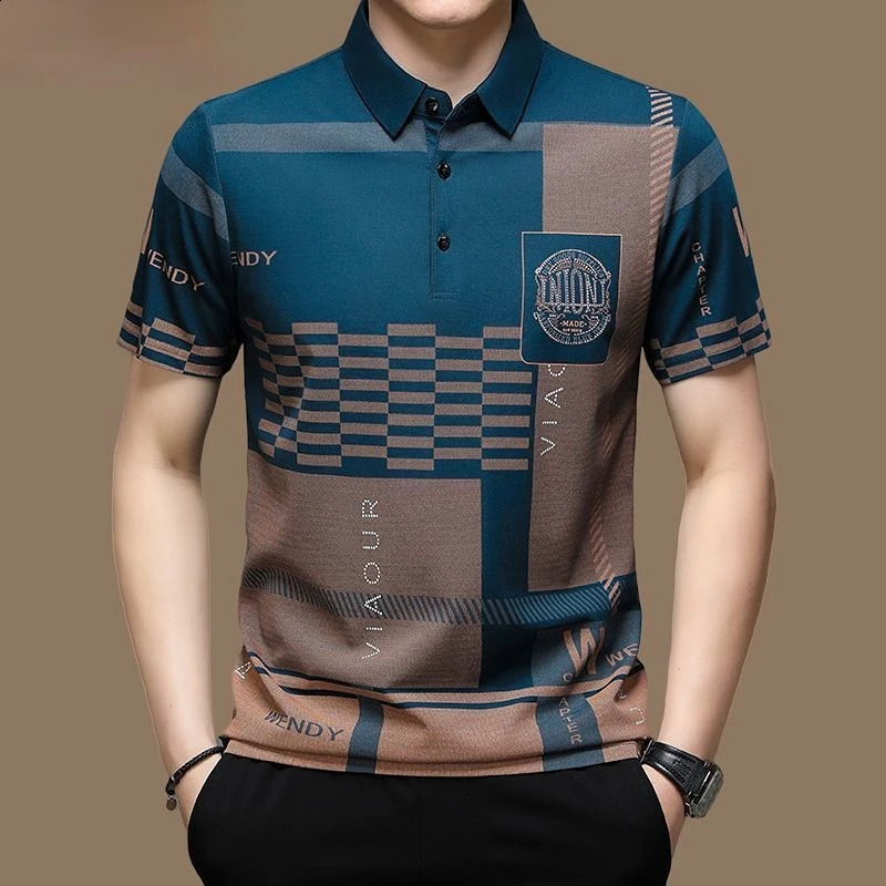 Mens Polo Shirt Business Casual Summer Short Sleeves Tops Pattern Print Button T Shirt Loose Clothes Fashion Polo T Shirt 240824