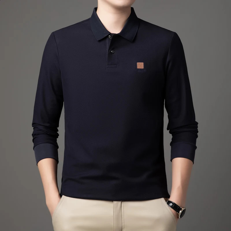 High Quality Autumn Mens Business Casual Solid Color Printed n Korean Style High-end Long-sleeved Polo Shirt Top M-4XL 240820