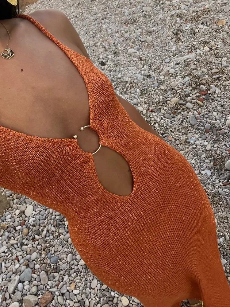 Sexy metal buckle hollow knit dress for women sleeveless and backless suspender pants summer womens high street 240819