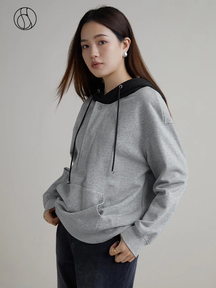 DUSHU Black Patch Work Design Womens Hoodie Casual Edition Sportswear Down Jacket Winter 240814