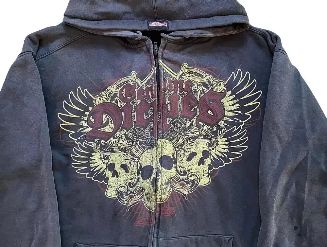 Hiphop Gothic fashion skull print zipper hoodies for men 2024 autumn and winter long-sleeved casual versatile baggy sweatshirts 240819