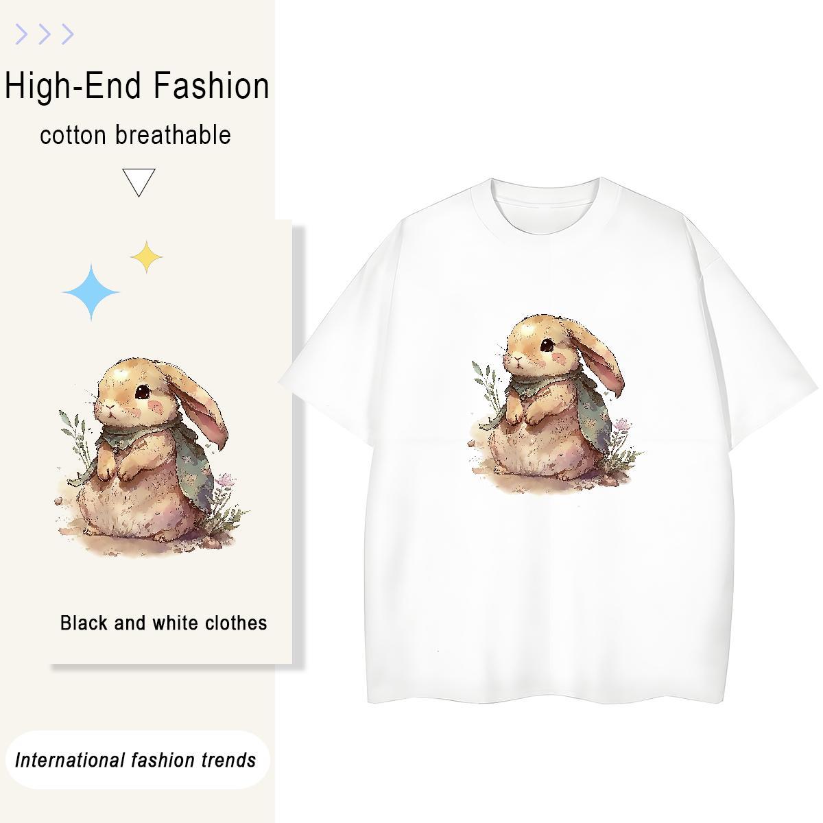 New Arrival Mens Tshirts rabbit Spring Summer 230g Cotton Top Tees O-Neck Short Sleeve Brand T Shirts Men Floral Print