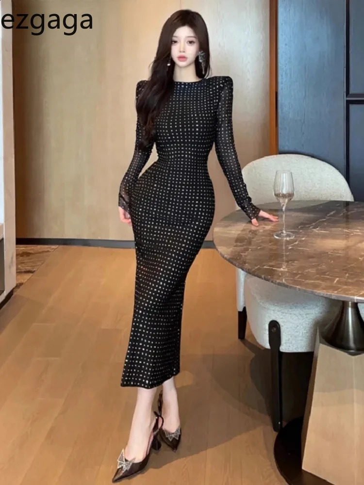 Ezgaga Sexy Dresses Women Bandage Sequins Slim Long Sleeve Temperament Stretch Elegant Party Dress Ladies Backless Vintage 240819