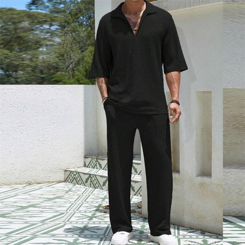2024 Spring Summer Casual Cotton Shirts And Pants Suits Men Vintage Half Sleeve Irregular Cardigan Two Piece Sets Mens Outfits 240819