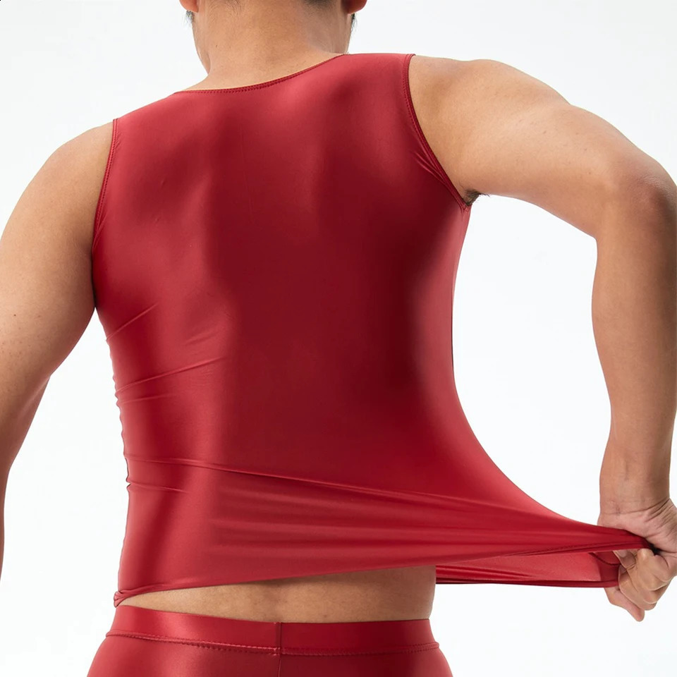 Mens Seamless Elastic Tops Oil Shiny Sleeveless Smooth Solid Tank Top Tights Male ONeck Widely Applicable Running Undershirt 240819
