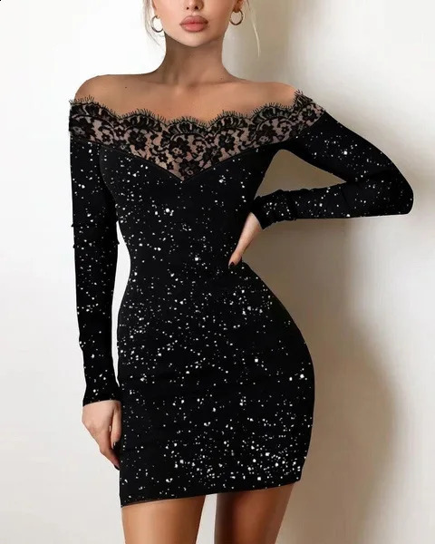 Spring Womens Fashion Elegance Leisure Sexy Long sleeved Lace Edge One Shoulder Silver Powder Sprinkled Dress 240819
