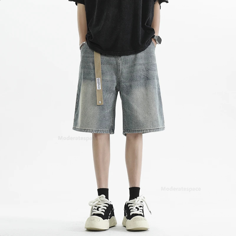 Summer mens retro denim shorts fashionable ultrathin breathable Bermuda jeans pocket casual wide 240819