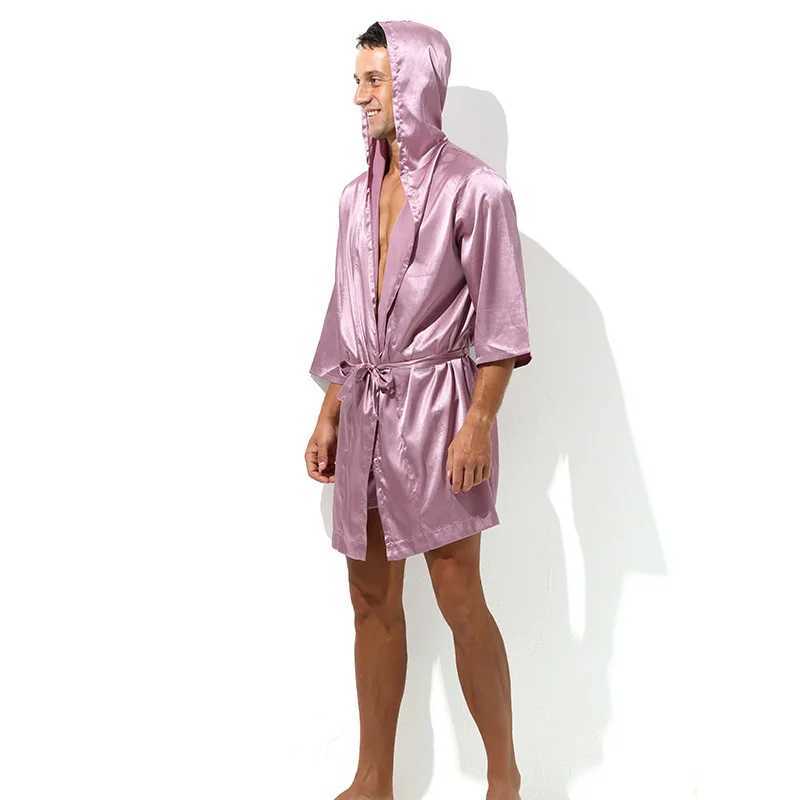 Mens hooded sweatshirt silk satin kimono pajamas half sleeved bathroom gown evening gown mens loose night gown casual wear thin underwearW240719