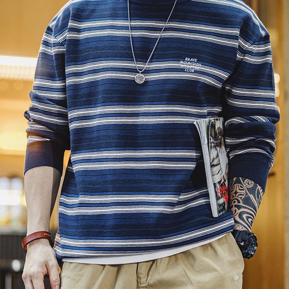 Maden Casual Contrasting Color Striped Knitwear Cityboy O-Neck Long Sleeve T-shirt Breathable Comfortable Spring Autumn Clothes 240820
