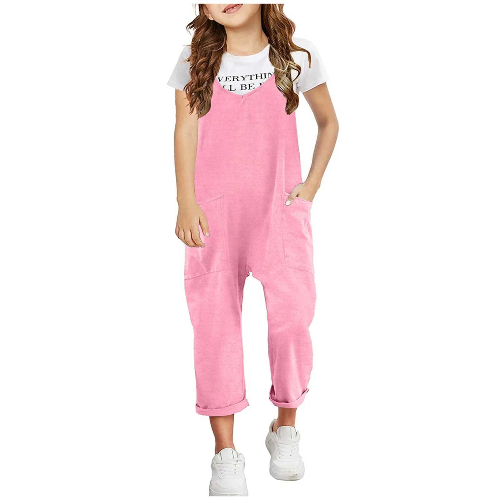 Girls casual sleeveless jumpsuit with spaghetti straps comfortable loose top pants pocket thin lotus dress W240806