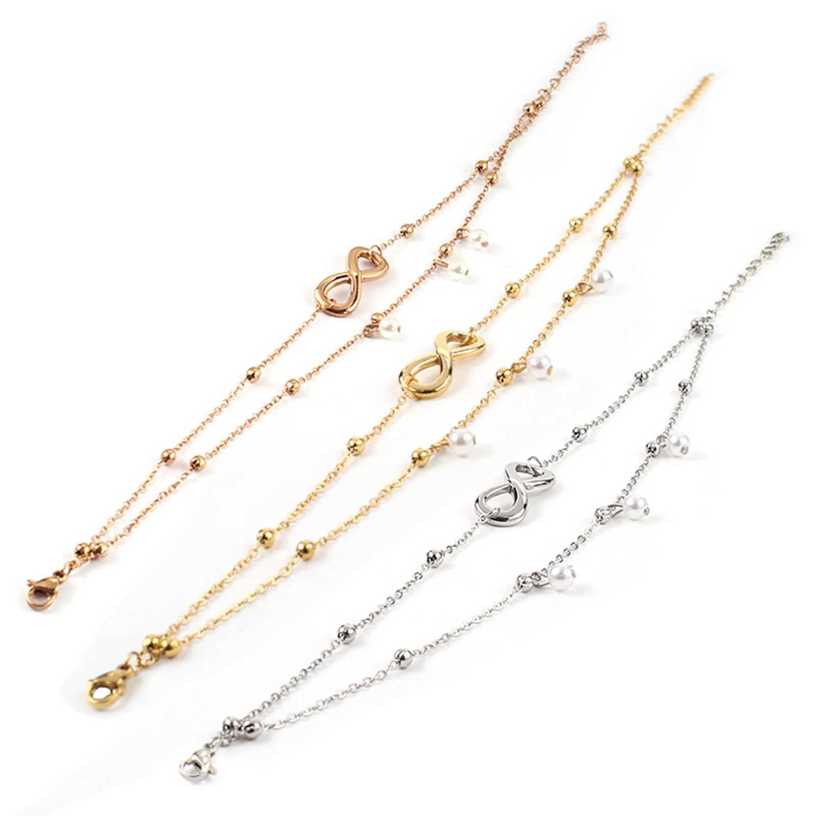 1 piece of 304 stainless steel fashionable connecting rod cable chain multi-layer Anklet imitation pearl infinite symbol 22cm (8 5/8) long W240815
