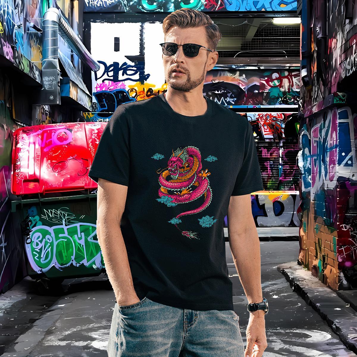 Loose dragon T-Shirts Hip Hop Street Men Tops Tees 230g Cotton Custom Breathable Crew Neck Floral Print Top Tees
