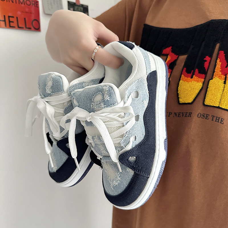 Long Foot China-Chic Men's ins Small Thick Sole Perforated Denim Bread Couple Skateboarding Shoes