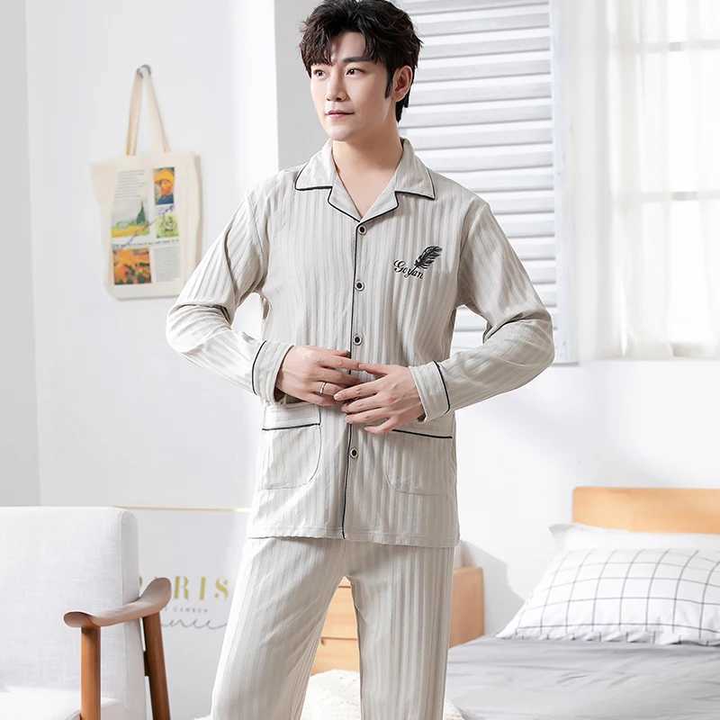 L-5XL Autumn Luxury Pajama Knitted Cotton Mens Pajama Set Long Sleeve Pajama Plus Size Pajama PJW240719