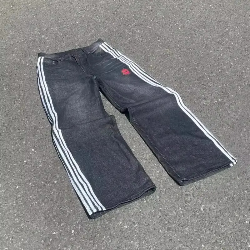 Y2K Harajuku Rare Person Bag Jeans Retro Side Line Embryo Pattern Super Cool Street Gothic Nine Quarter Leg Pants 240819