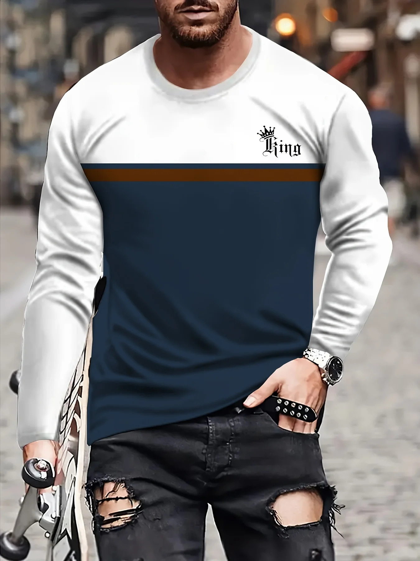 Funny Letter Stripe Print T Shirt For Men Autumn Fashion Loose Cotton Tops Casual O-neck Long Sleeve T-Shirt Mens Clothes Tees 240820