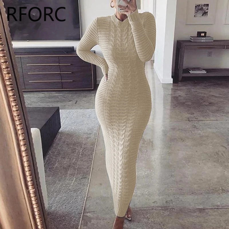 Women Solid Round Neck Long Sleeves Basic Maxi Knitting Skinny Dress 240819