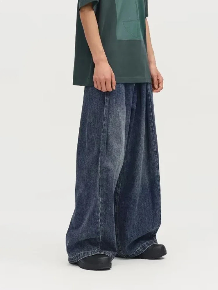 HOUZHOU Baggy Jeans Mens Distressed Denim Wide Leg Pants with Oversized Wrinkles Hip Hop Street Clothing 240819