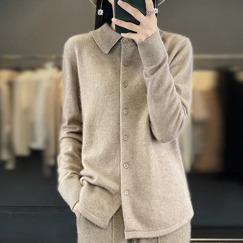 Womens mink cashmere cardigan long sleeved top polo neck loose jacket fashionable knitted white XXL spring and summer 240819