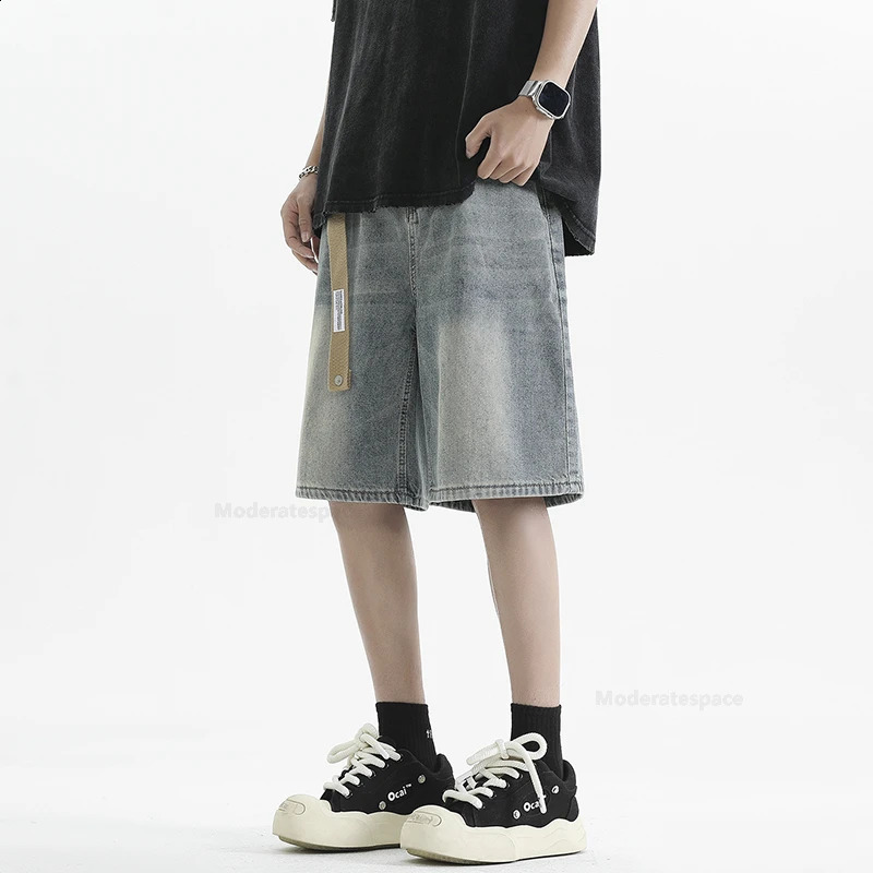 Summer mens retro denim shorts fashionable ultrathin breathable Bermuda jeans pocket casual wide 240819