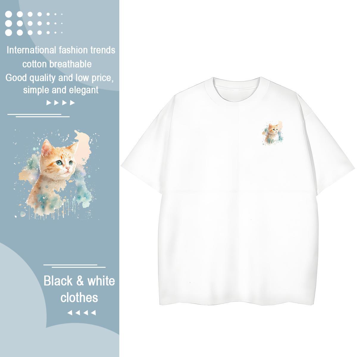 DIY Men Clothes T-Shirt cat Daily Outfit 230g Pure Cotton Tee Shirt Breathable Short Sleeve Unisex T-Shirts DIY Printed