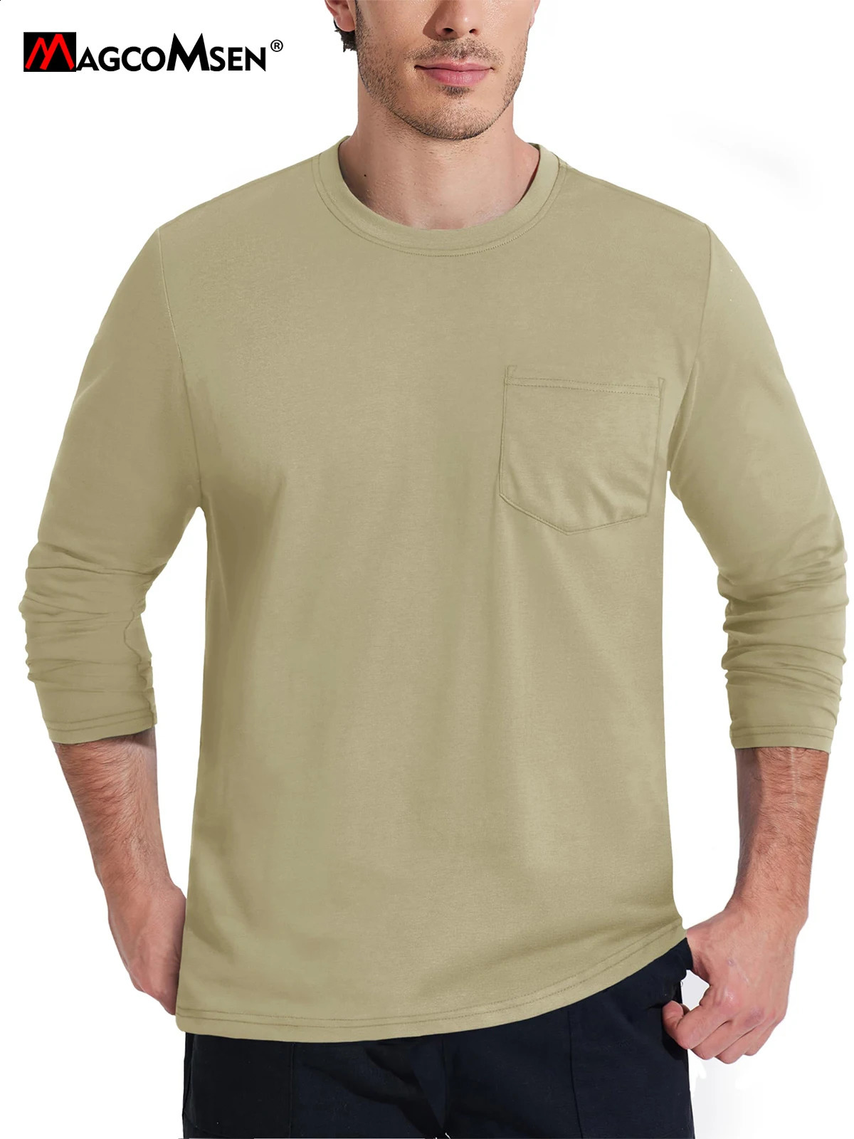 MAGCOMSEN Cotton Long Sleeve T-shirt Mens Crew Neck Shirt with Chest Pocket Lightweight Daily Casual Top Soft Work Shirt 240820