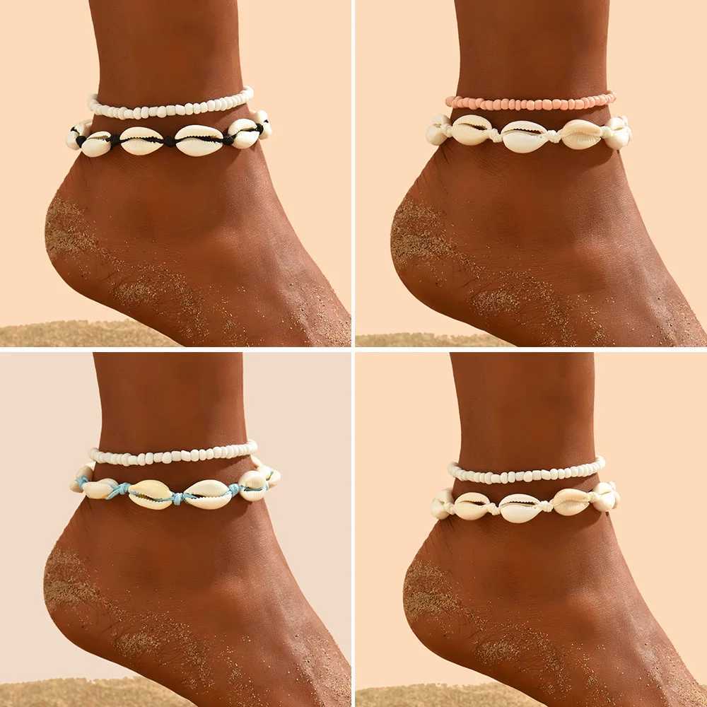 2 pieces/set of Bohemian natural shell bead necklaces suitable for womens beach barefoot jewelry fashionable handmade ankle chains shell ankle bracele