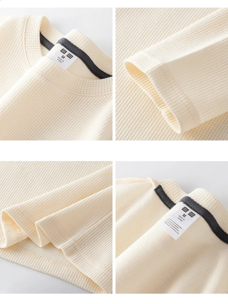 260G Mens Autumn Heavyweight Premium Waffle Basic T-shirt Long Sleeve Simple Solid Color Delicate White Tees Casual Daily Tops 240820