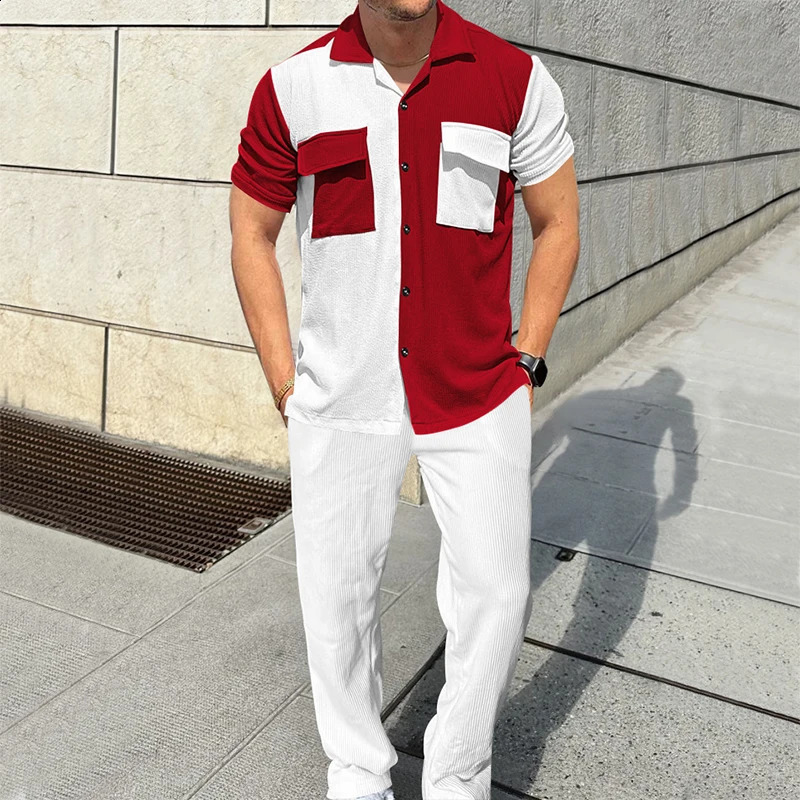 Autumn Men Cardigan Shirt and Trousers 2 Pieces Set Casual Party Lapel Button Short Sleeve Suit Solid Color Fall Streetwear i240819